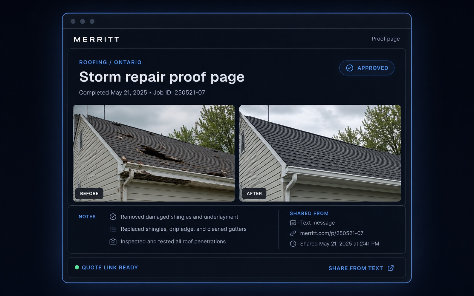 Merritt proof page with before and after roof repair photos, approval status, notes, and share actions.